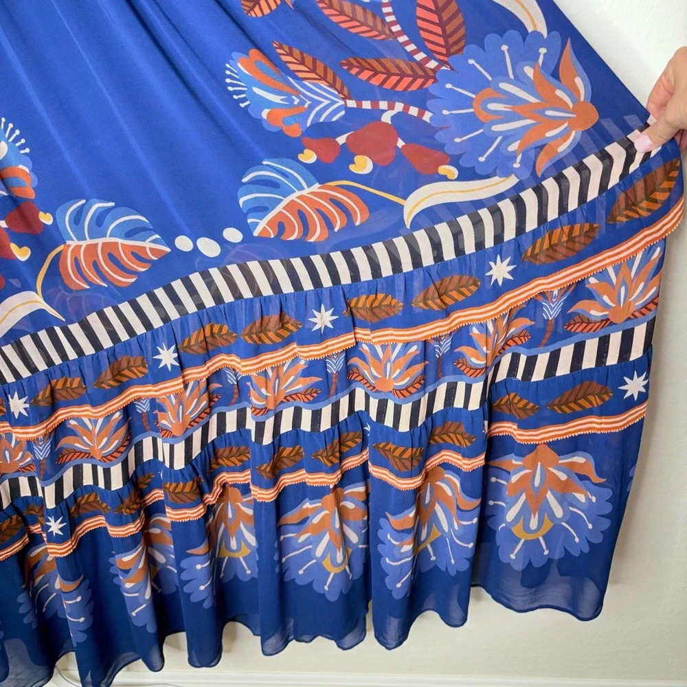 Farm Rio Nature Beauty Maxi Dress Blue Boho Print Short Sleeve Size Large NWT - Picture 6 of 12